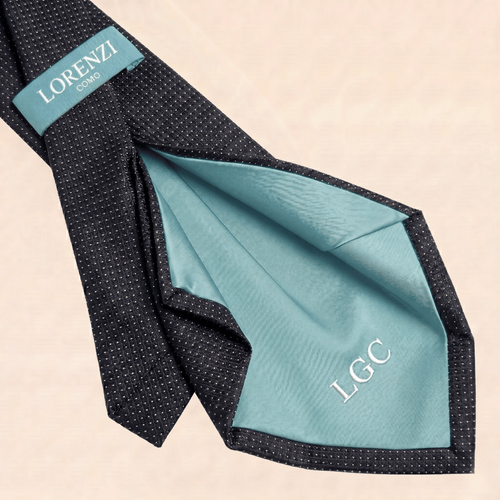 CRAVATTA BLU SCURO 5 PIEGHE IN SETA JACQUARD - Pois bianchi - Lorenzi Como luxury silk tie