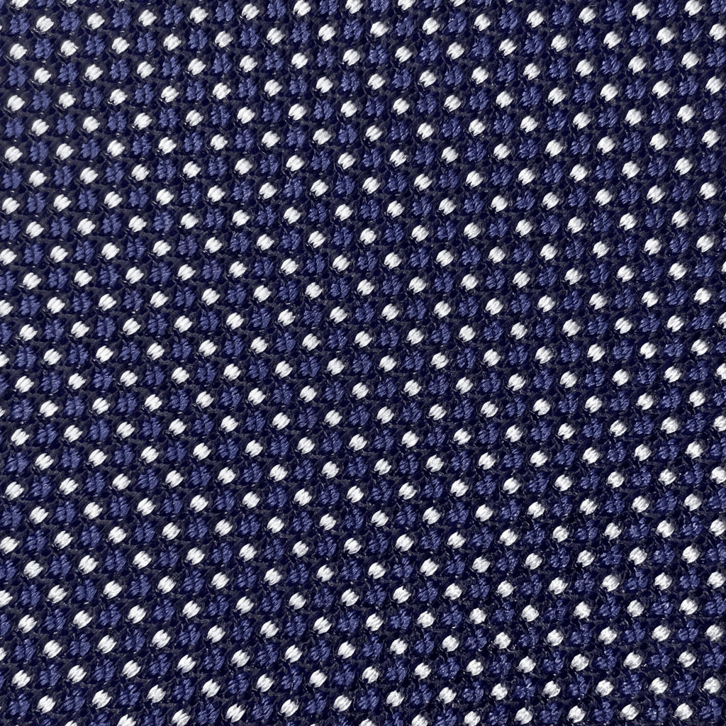 Dark blue jacquard silk tie with white pin dots, 7-fold, handmade in Como by Lorenzi Como