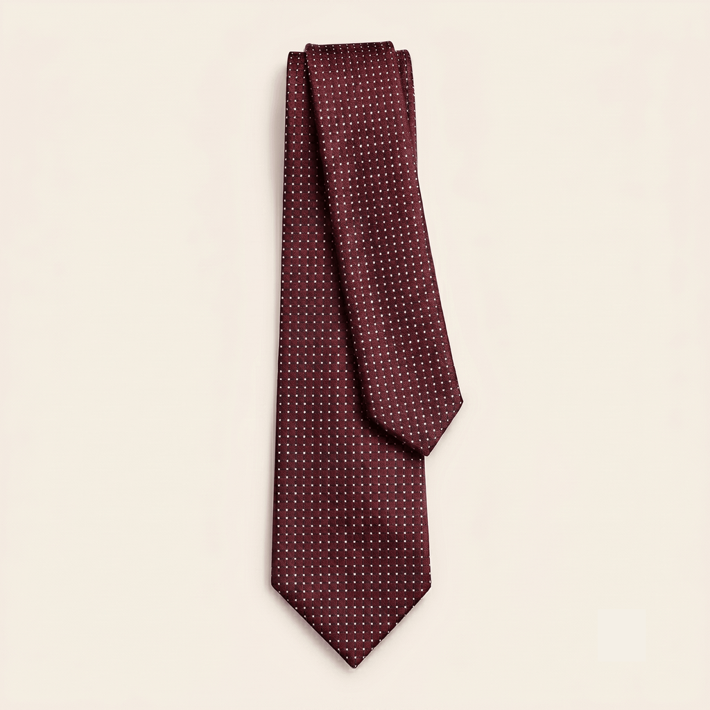 BURGUNDY 5 FOLD JACQUARD SILK TIE - White polka dot