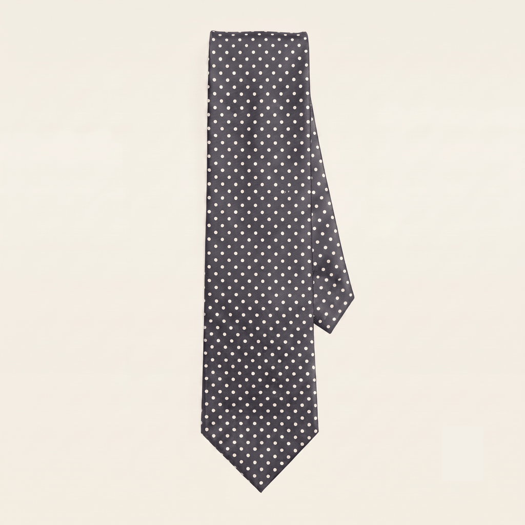 DARK GREY 3 FOLD JACQUARD SILK TIE - White polka dot