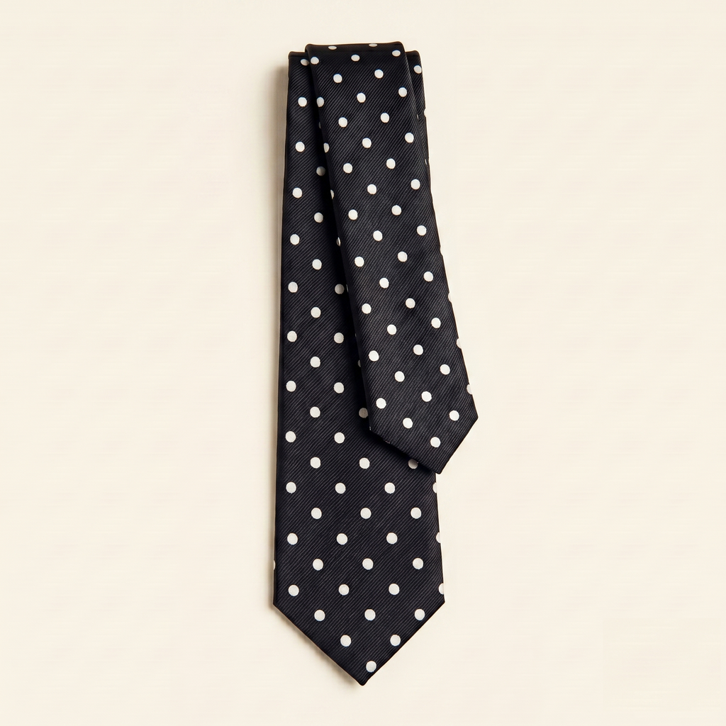 BLACK 3 FOLD JACQUARD SILK TIE - White polka dot