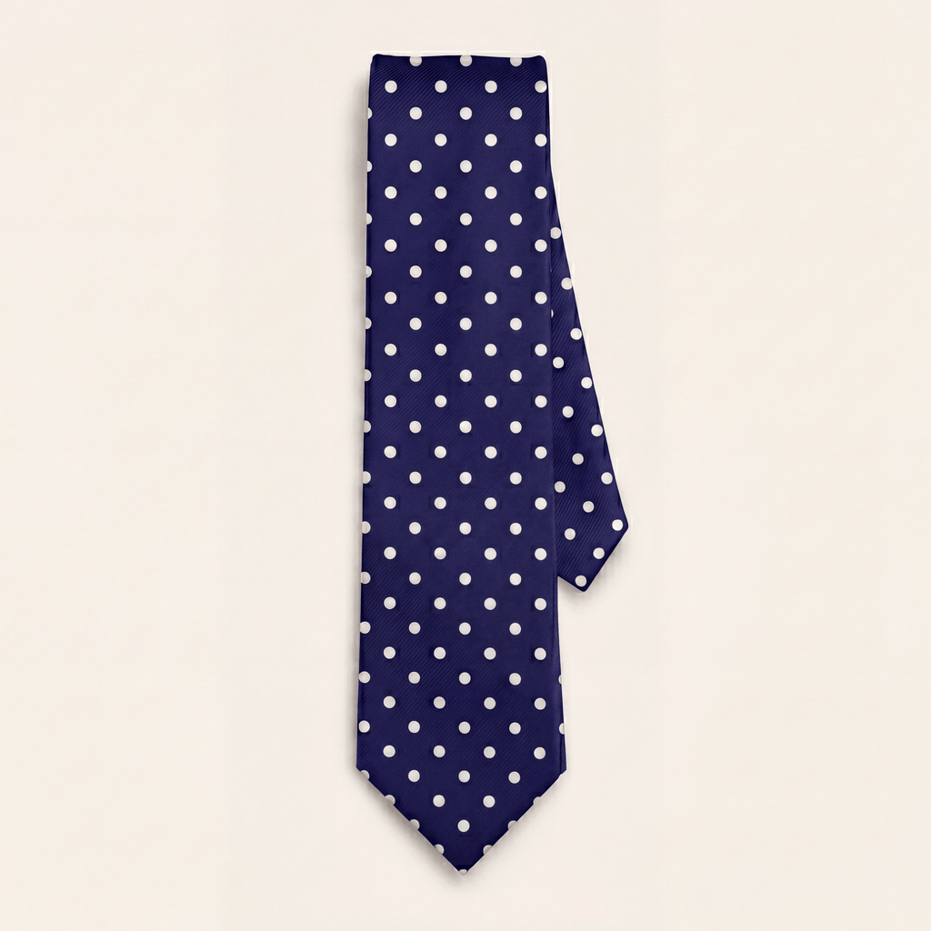 DARK BLUE 3 FOLD SARTORIAL CLASSIC SILK TIE - White polka dot