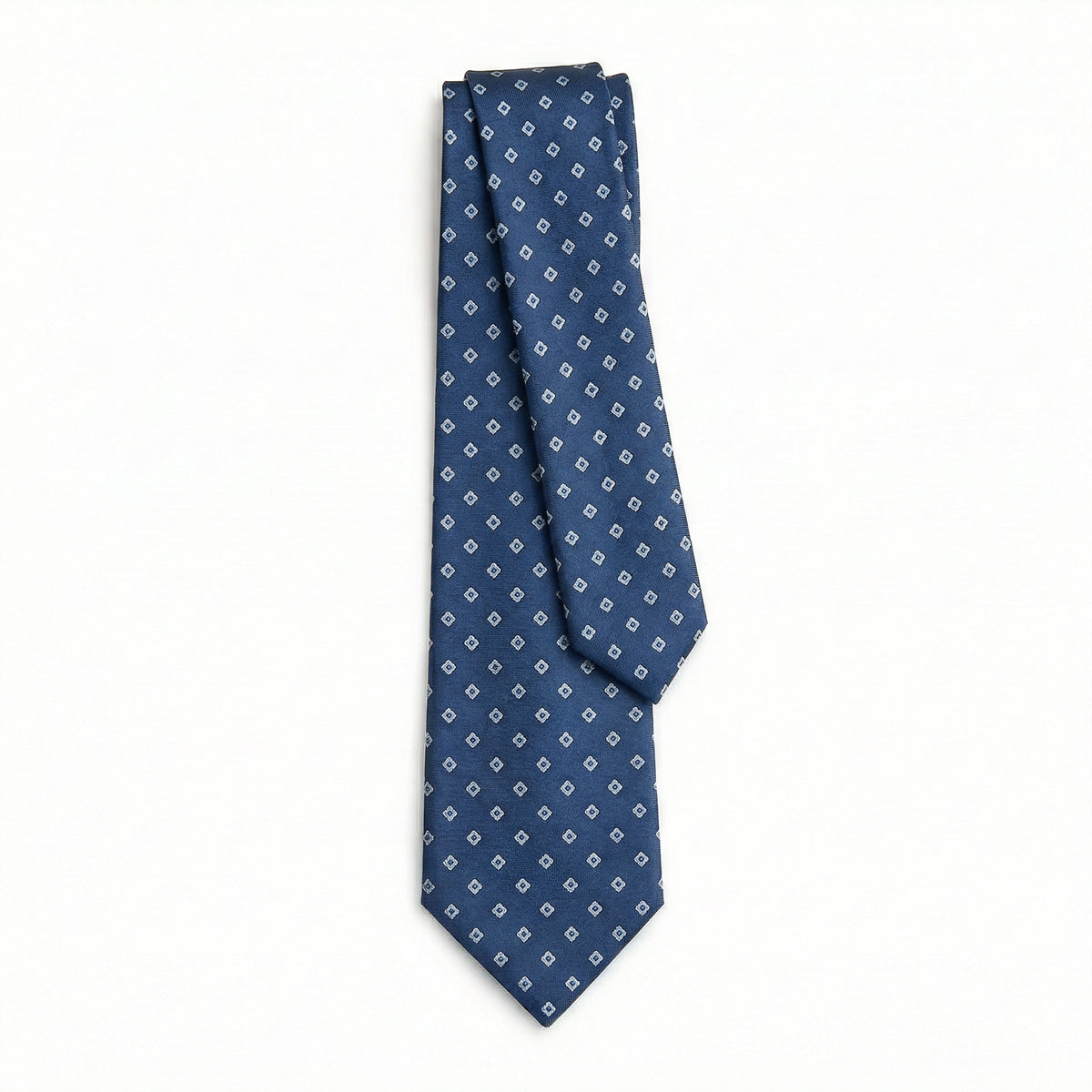 BLUE JACQUARD SILK TIE - Small geometric pattern, full tie displayed on white background