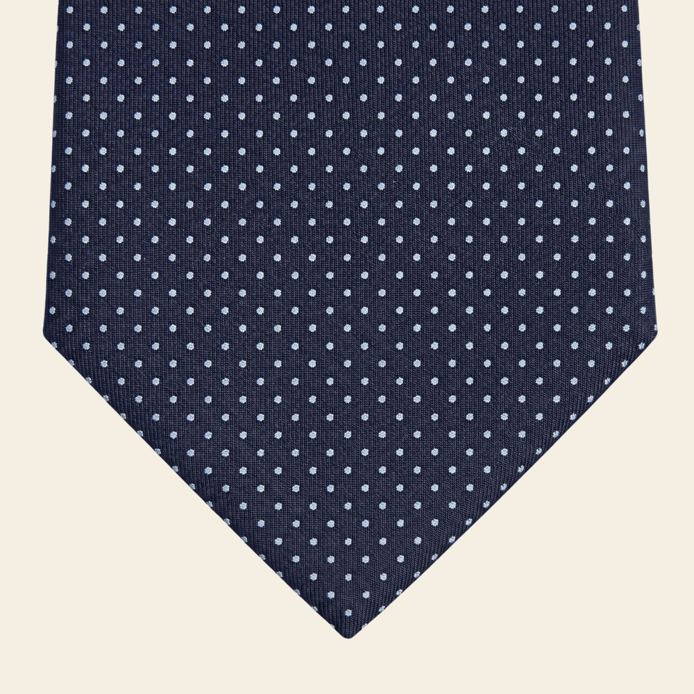 CRAVATTA BLU SCURO 7 PIEGHE SARTORIALE IN SETA - Pois azzurri