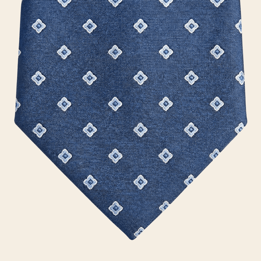 Blue Jacquard Silk Tie, Small Geometric Pattern, Handmade in Como
