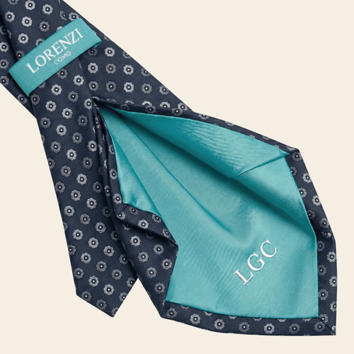 CRAVATTA BLU SCURO 7 PIEGHE SARTORIALE IN SETA - Floreale - Lorenzi Como luxury silk tie