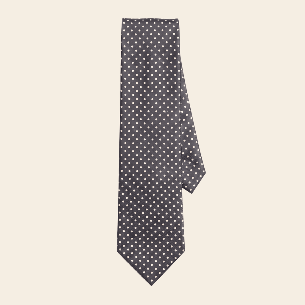 CRAVATTA GRIGIA SCURA 3 PIEGHE IN SETA JACQUARD - Pois bianchi - Lorenzi Como luxury silk tie