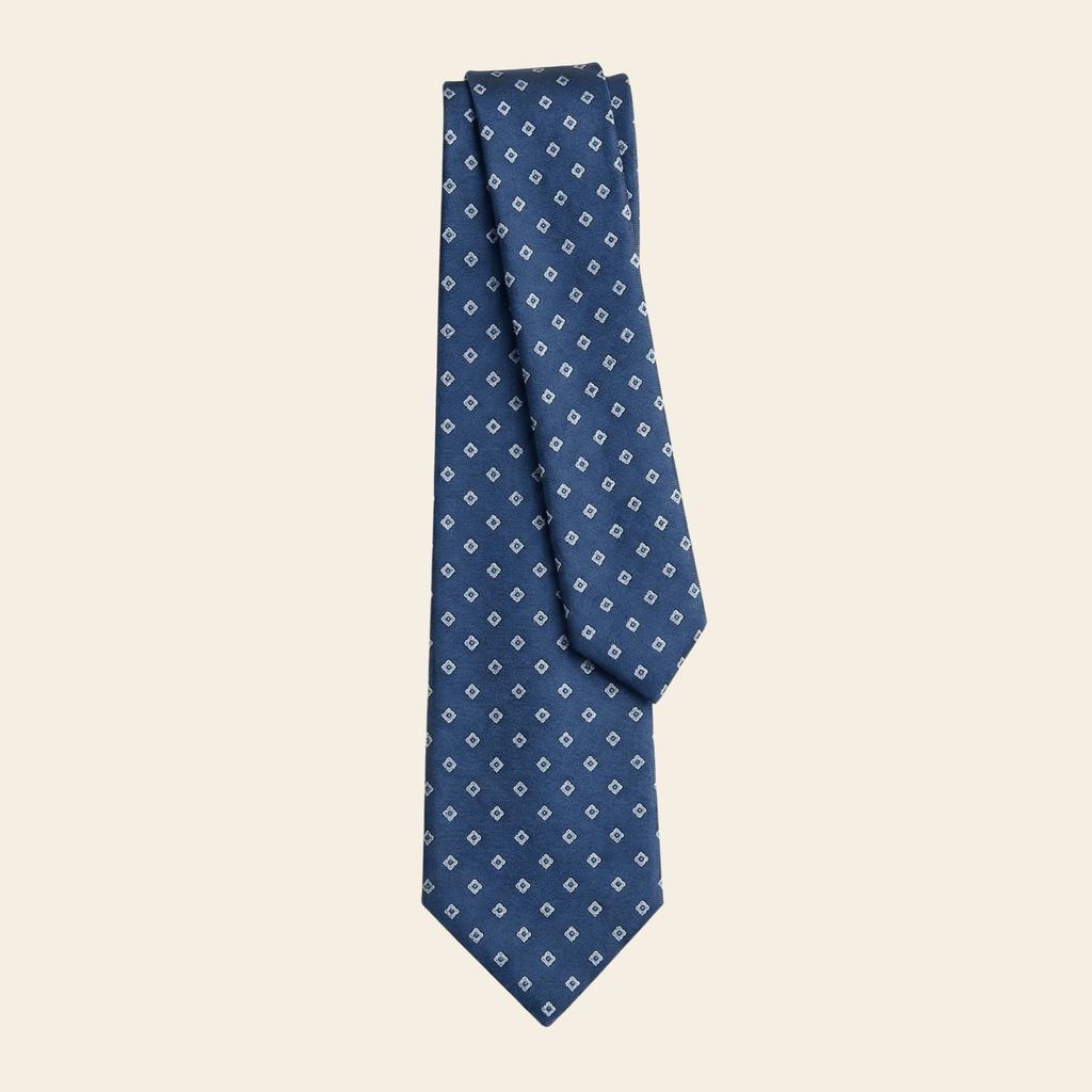 Blue Jacquard Silk Tie, Small Geometric Pattern, Handmade in Como