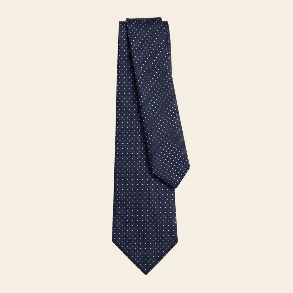 CRAVATTA BLU SCURO 3 PIEGHE SARTORIALE IN SETA - Pois azzurri