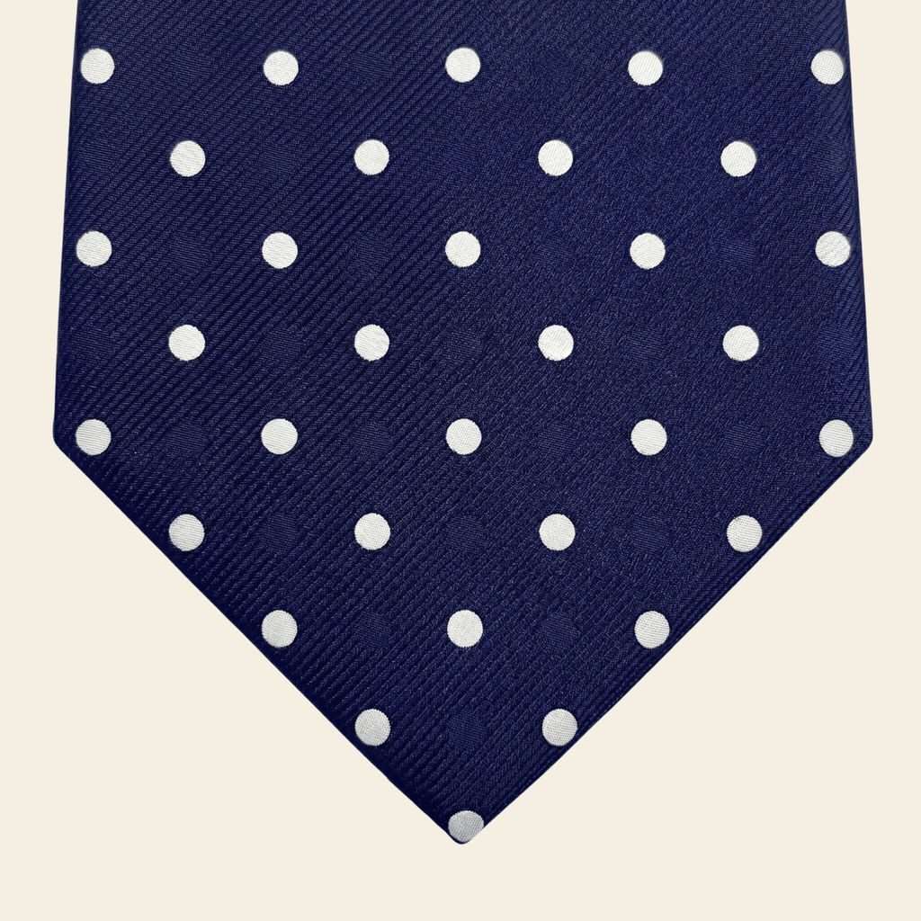 DARK BLUE 3 FOLD JACQUARD SILK TIE - White polka dot