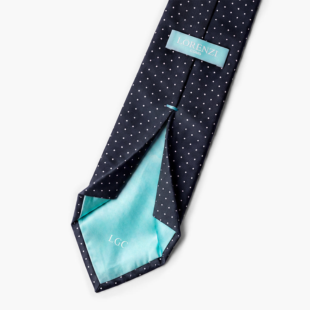 CRAVATTA BLU SCURO 7 PIEGHE IN SETA JACQUARD - Pois - Lorenzi Como luxury silk tie