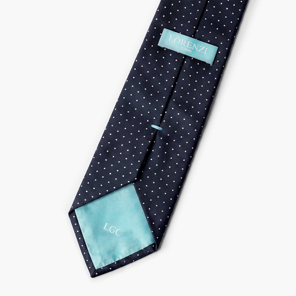 CRAVATTA BLU SCURO 3 PIEGHE IN SETA JACQUARD - Pois - Lorenzi Como luxury silk tie