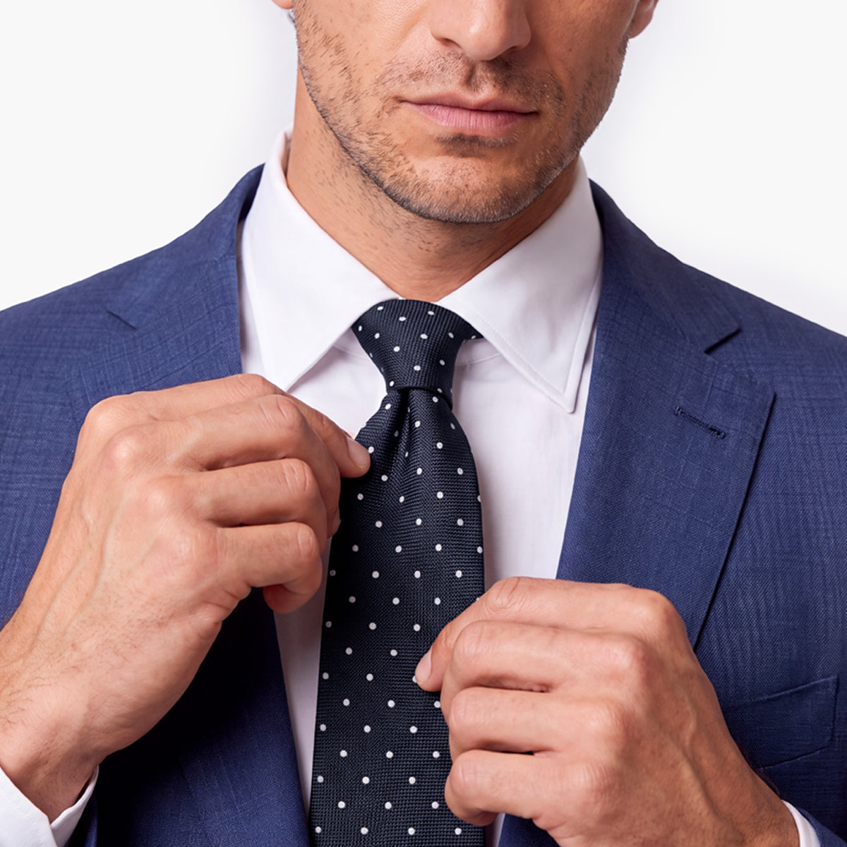 CRAVATTA BLU SCURO 7 PIEGHE IN SETA JACQUARD - Pois - Lorenzi Como luxury silk tie
