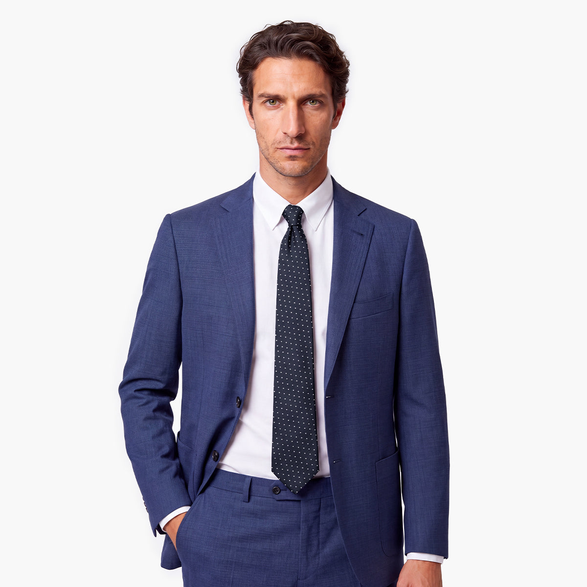 CRAVATTA BLU SCURO 7 PIEGHE IN SETA JACQUARD - Pois - Lorenzi Como luxury silk tie
