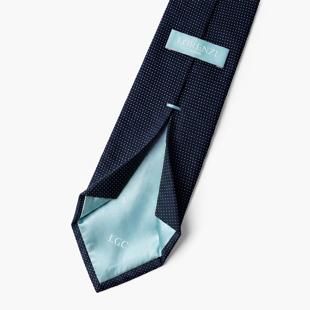 CRAVATTA BLU SCURO 7 PIEGHE IN SETA JACQUARD - Pois bianchi - Lorenzi Como luxury silk tie