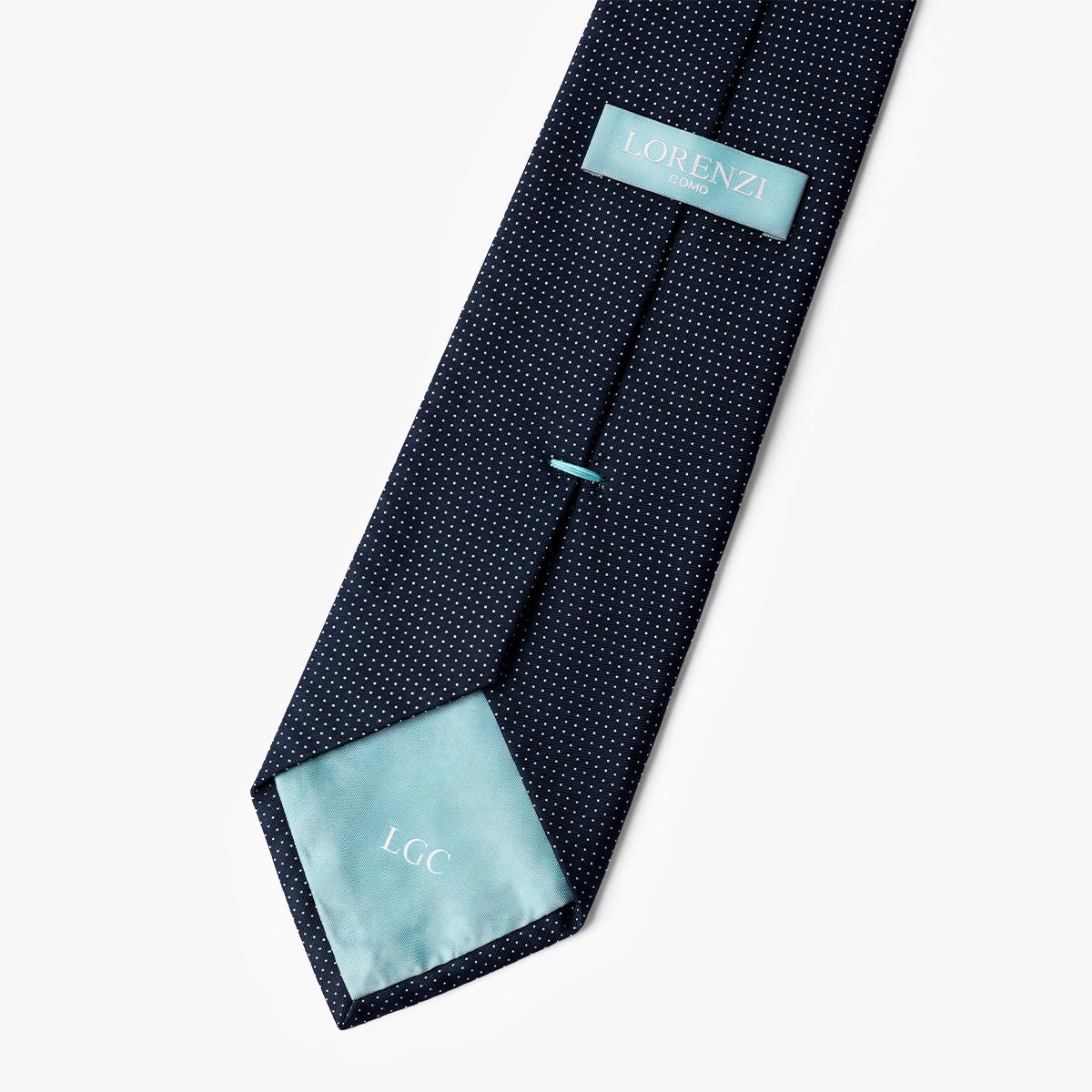 CRAVATTA BLU SCURO 3 PIEGHE IN SETA JACQUARD - Pois bianchi - Lorenzi Como luxury silk tie