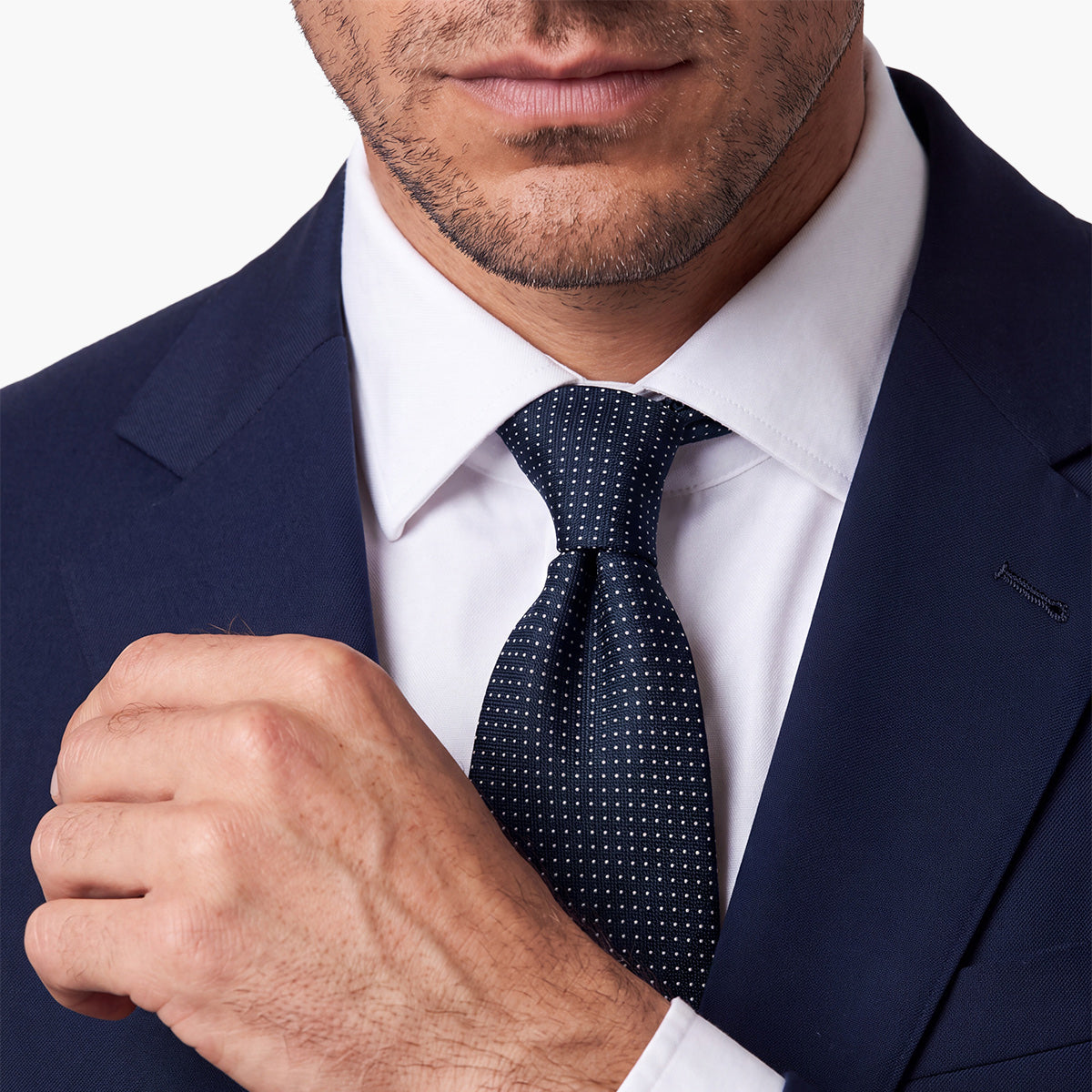 CRAVATTA BLU SCURO 7 PIEGHE IN SETA JACQUARD - Pois bianchi - Lorenzi Como luxury silk tie