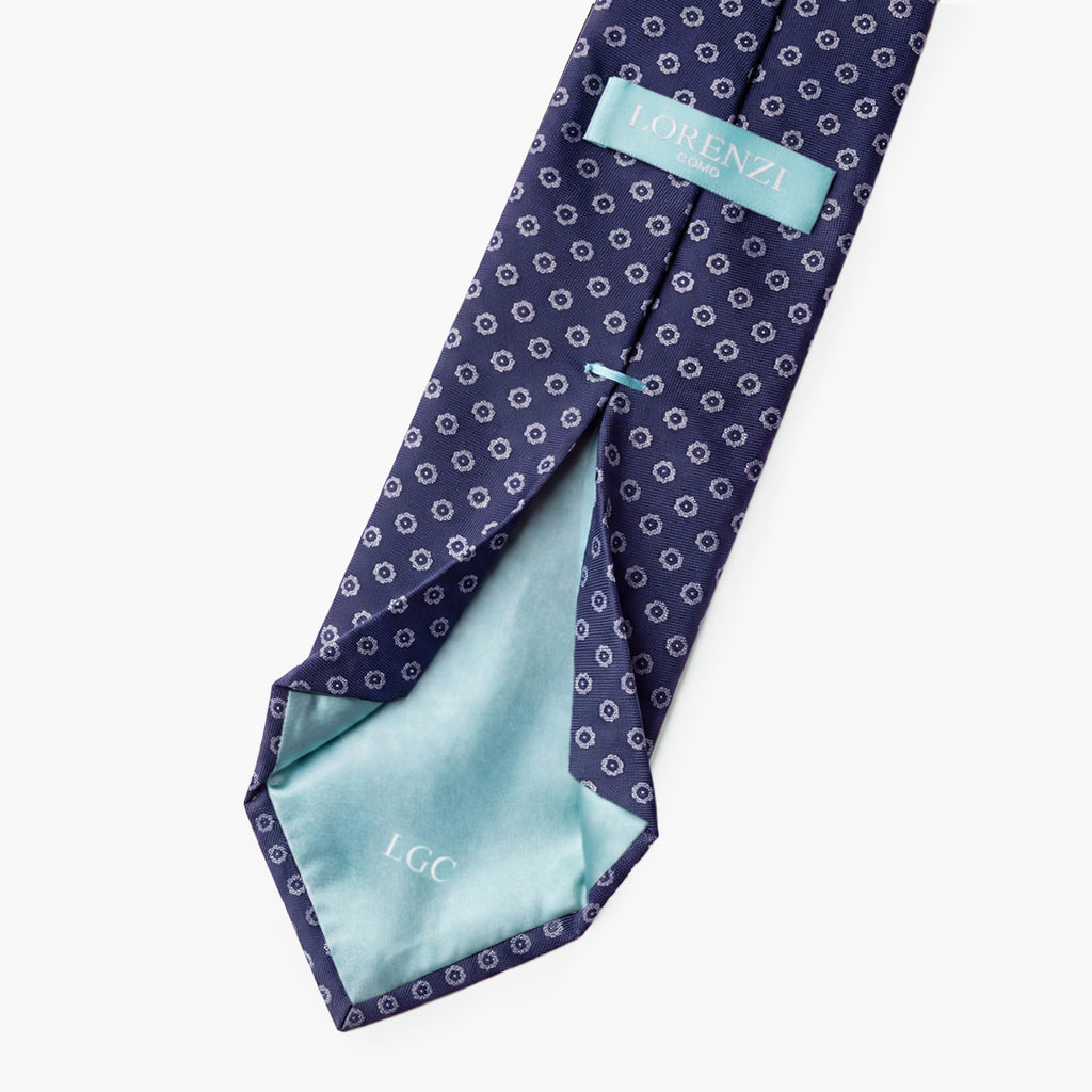 CRAVATTA BLU SCURO 7 PIEGHE SARTORIALE IN SETA - Floreale - Lorenzi Como luxury silk tie