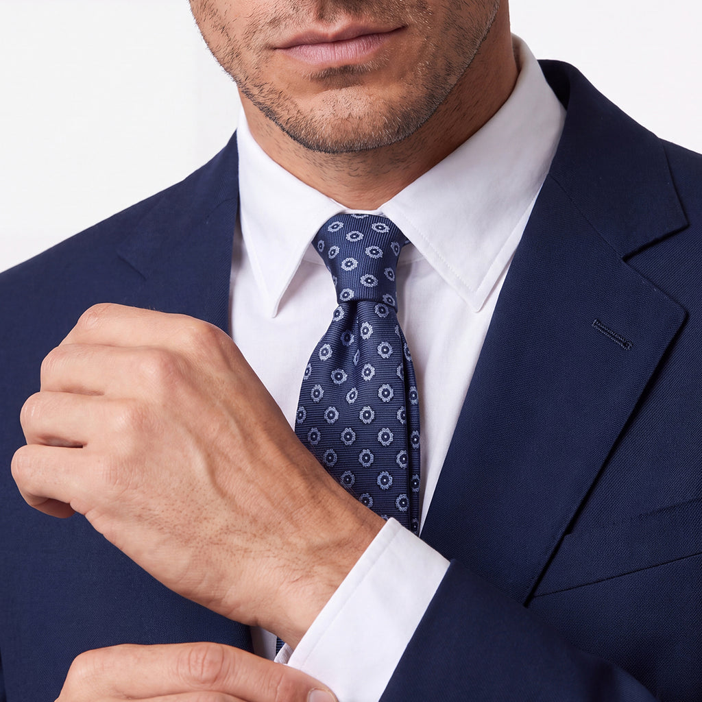 CRAVATTA BLU SCURO 7 PIEGHE SARTORIALE IN SETA - Floreale - Lorenzi Como luxury silk tie