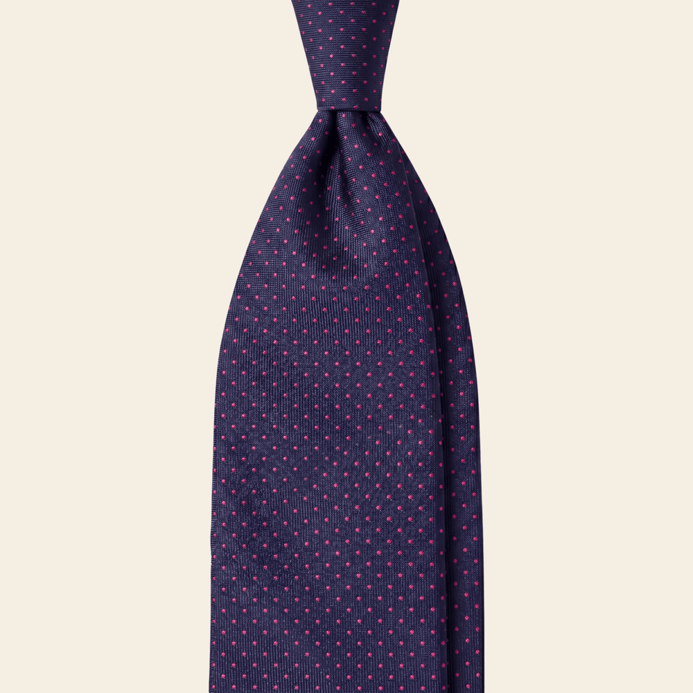 CRAVATTA BLU SCURO 3 PIEGHE SARTORIALE IN SETA - Pois fucsia - Lorenzi Como luxury silk tie