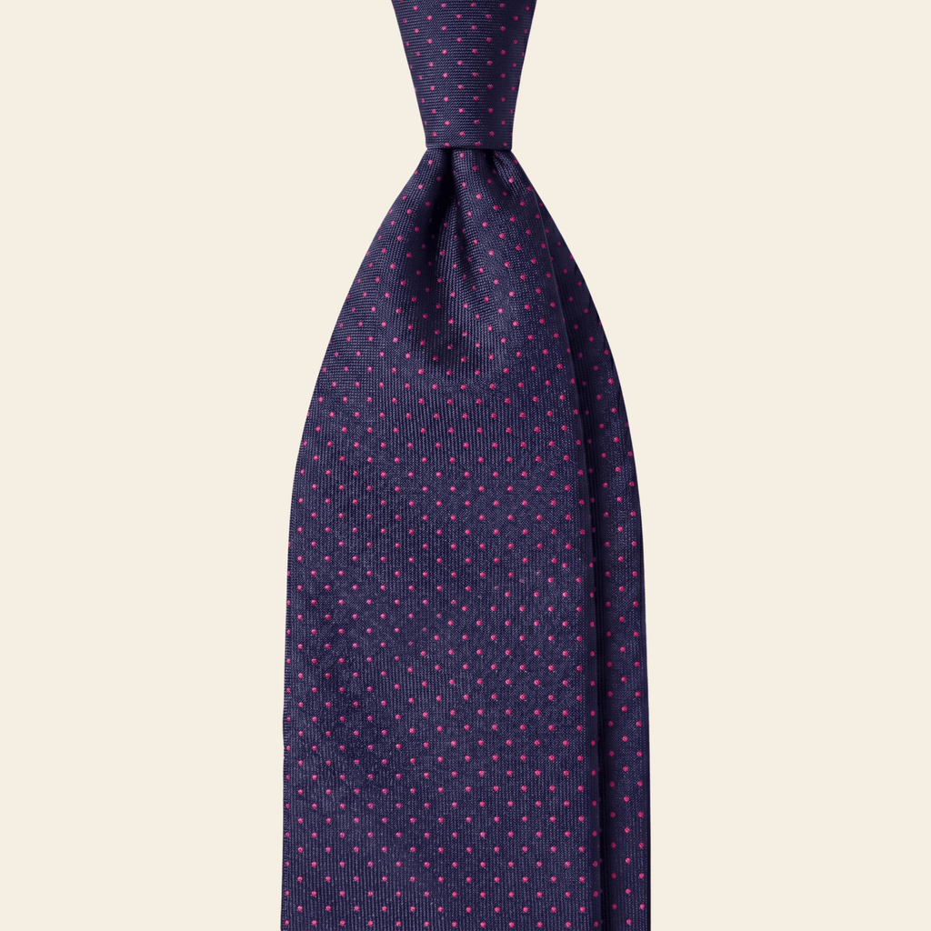 CRAVATTA BLU SCURO 3 PIEGHE SARTORIALE IN SETA - Pois fucsia - Lorenzi Como luxury silk tie