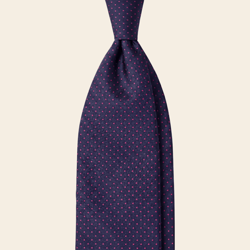 CRAVATTA BLU SCURO 3 PIEGHE SARTORIALE IN SETA - Pois fucsia - Lorenzi Como luxury silk tie