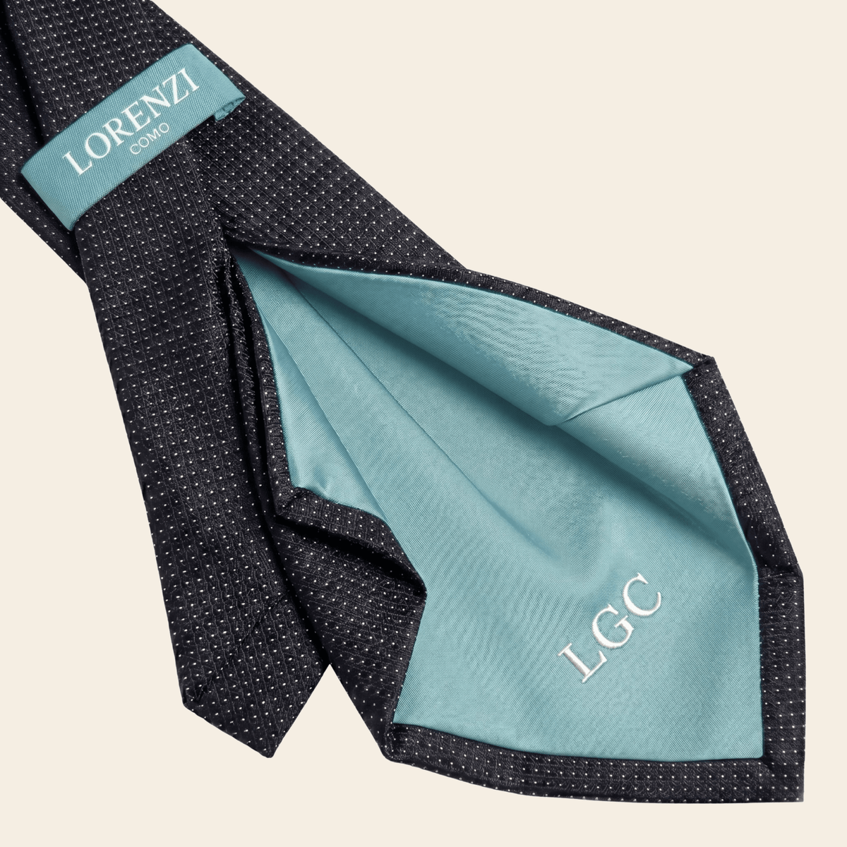 CRAVATTA BLU SCURO 7 PIEGHE IN SETA JACQUARD - Pois bianchi - Lorenzi Como luxury silk tie