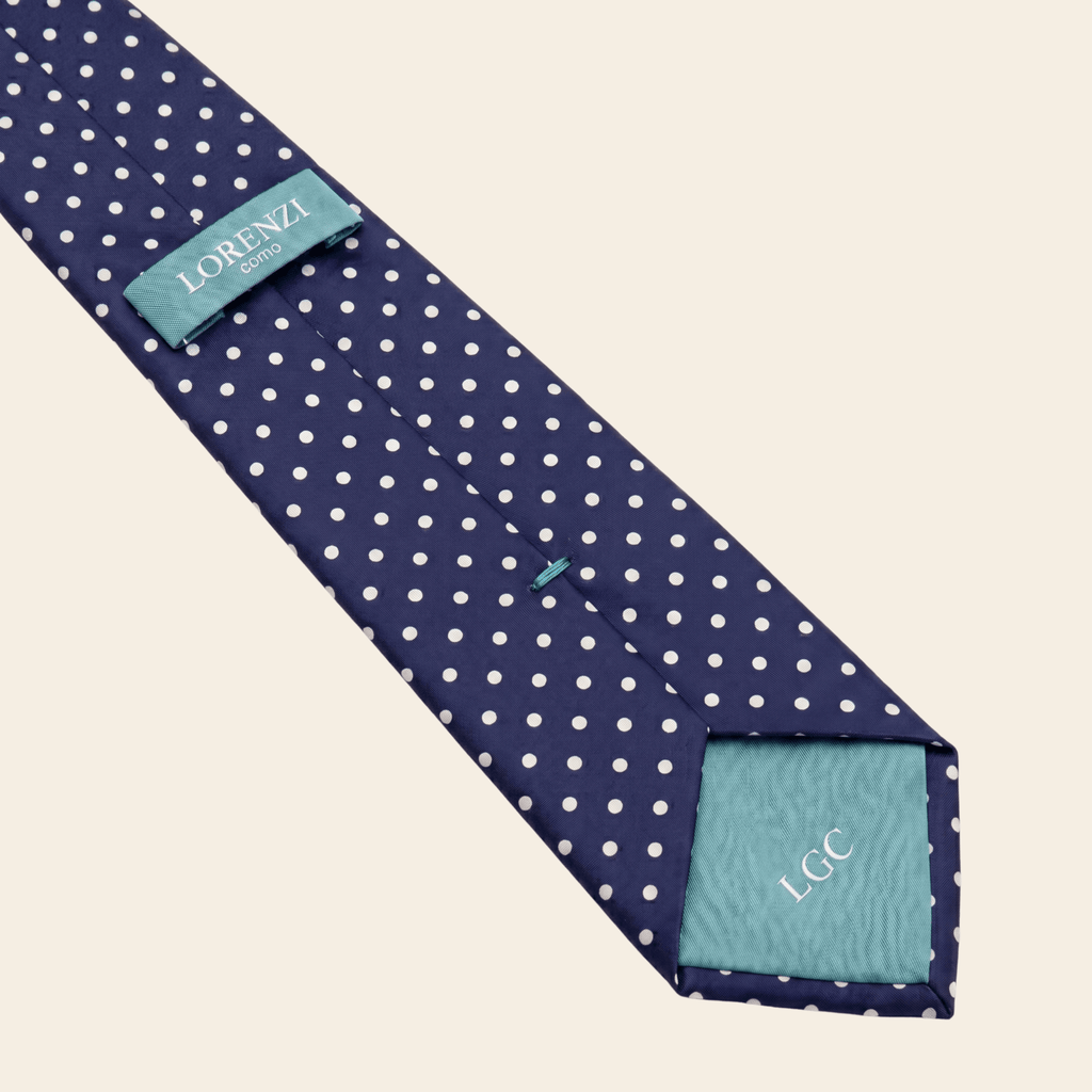CRAVATTA BLU SCURO 3 PIEGHE SARTORIALE IN SETA - Pois bianchi - Lorenzi Como luxury silk tie