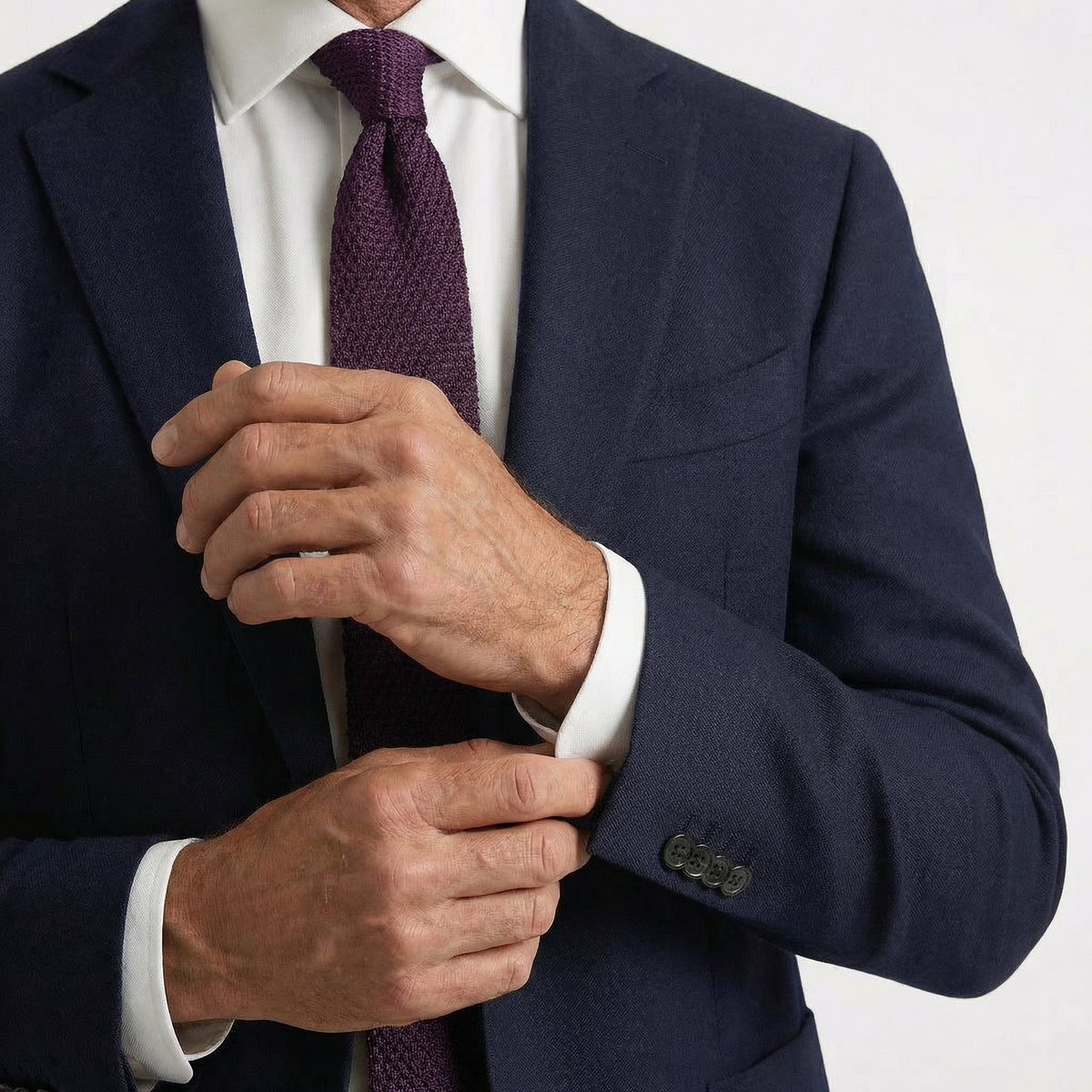Amaranto Handmade 3-Fold Grenadine Silk Tie, worn with a suit and shirt