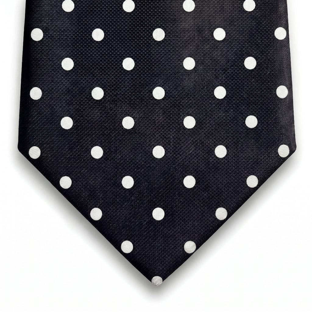 cravatta nero 3 pieghe in seta jacquard con pois, fatta a mano a Como da Lorenzi Como