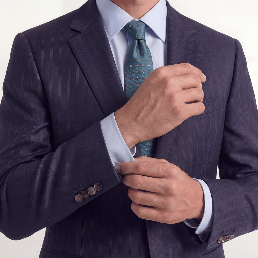 BLUE JACQUARD SILK TIE - Burgundy micro motifs, worn with a suit and shirt