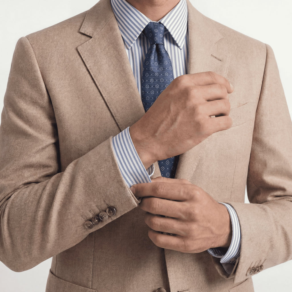BLUE JACQUARD SILK TIE - Circular micro pattern, worn with a suit and shirt
