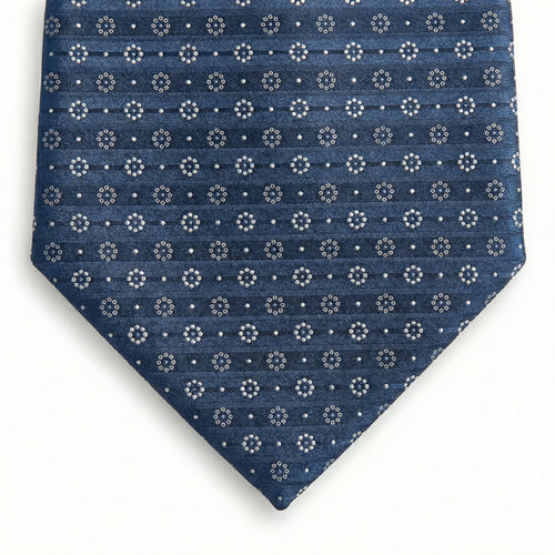 blue jacquard silk tie with circular geometric micro-pattern, made in Como, Italy