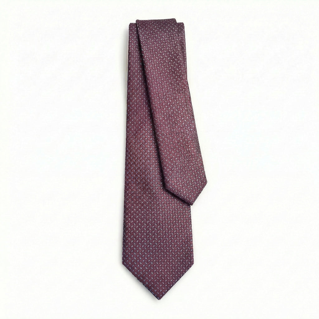 BORDEAUX JACQUARD SILK TIE - Micro leaf pattern, full tie displayed on white background