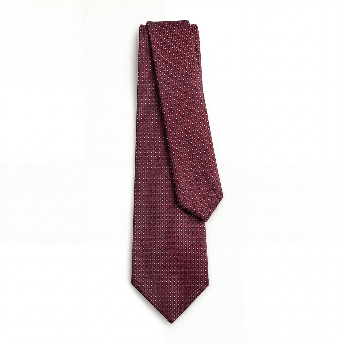 Burgundy 3 Fold Jacquard Silk Tie - White Pin Dot - Lorenzi Como luxury silk tie