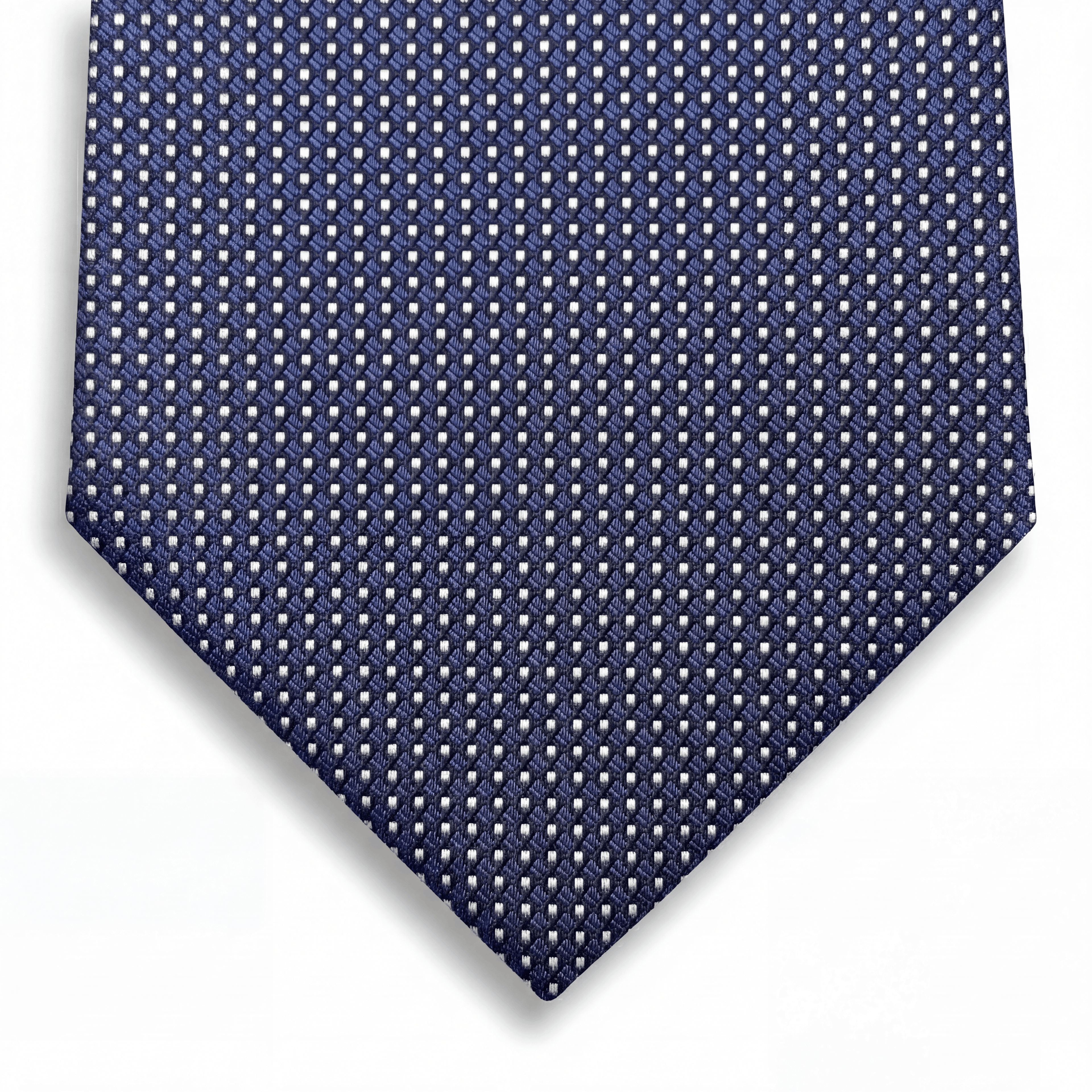cravatta blu navy 3 pieghe in seta jacquard con pois, fatta a mano a Como da Lorenzi Como