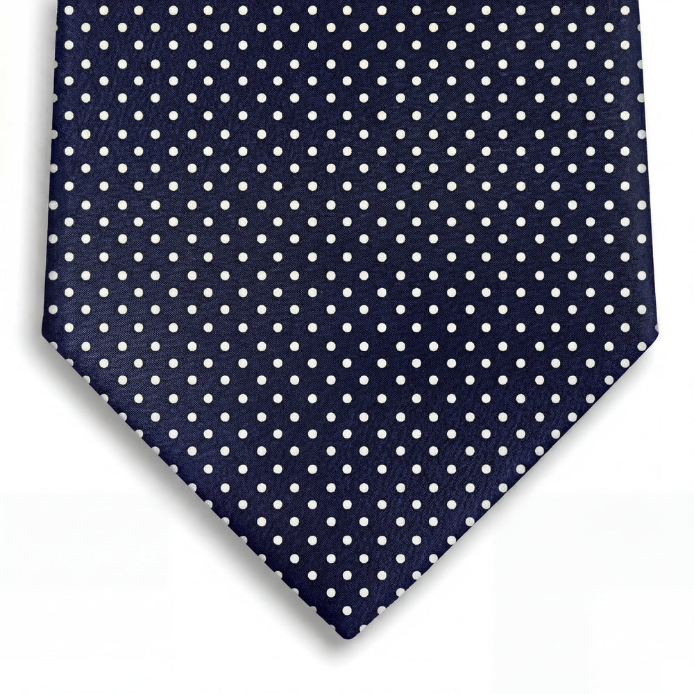 navy blue 3-fold jacquard silk tie with woven white polka dots, made in Como, Italy