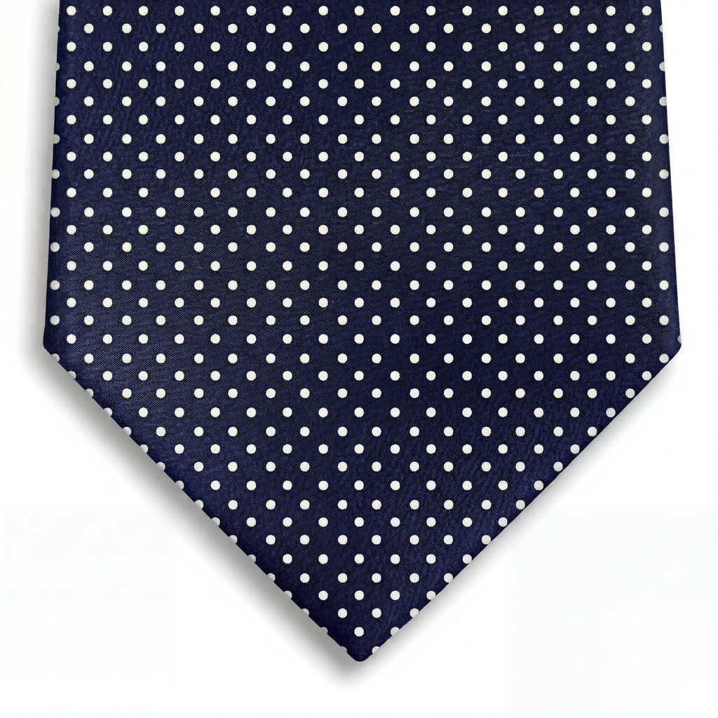 navy blue 3-fold jacquard silk tie with woven white polka dots, made in Como, Italy