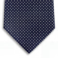 navy blue 3-fold jacquard silk tie with woven white polka dots, made in Como, Italy
