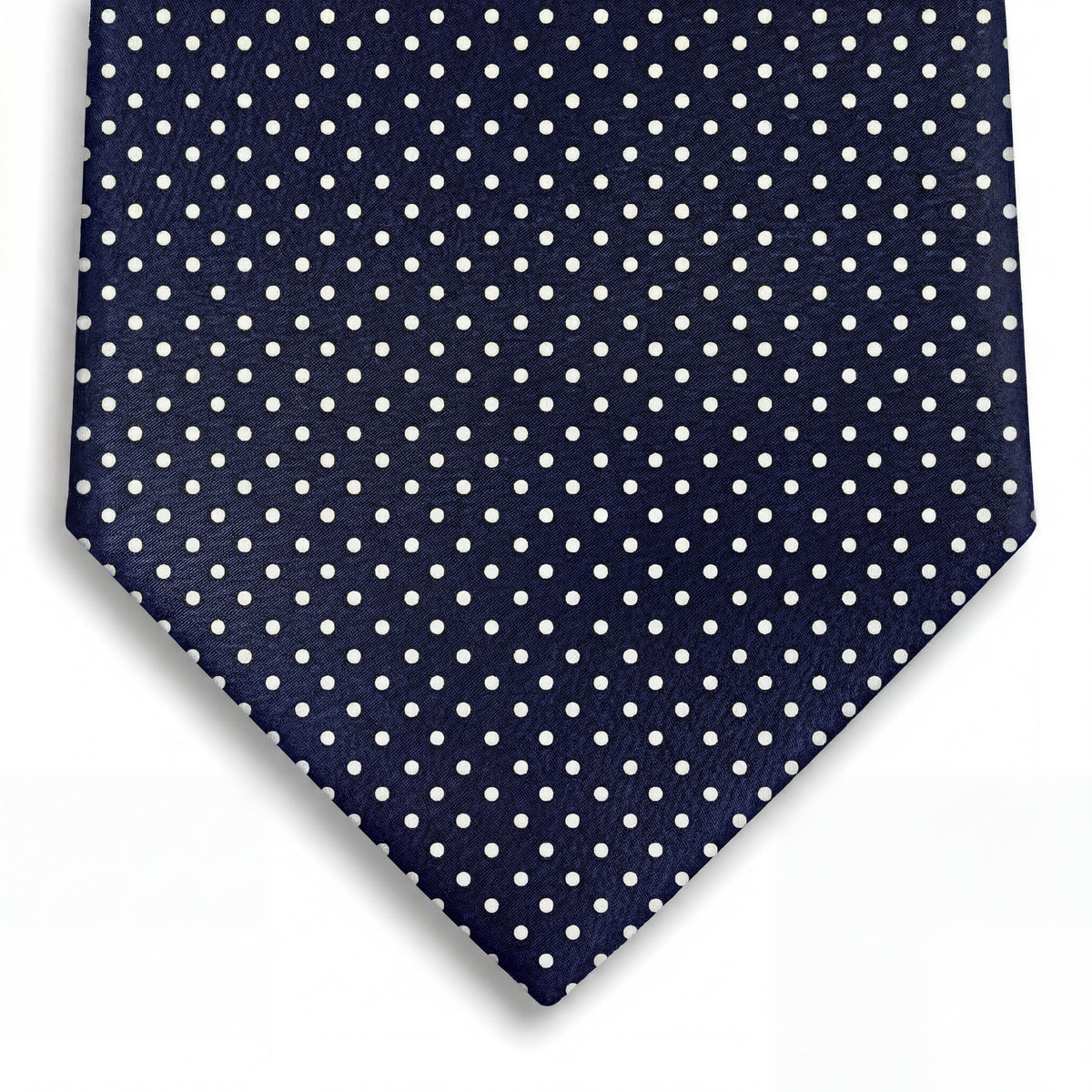 navy blue 3-fold jacquard silk tie with woven white polka dots, made in Como, Italy
