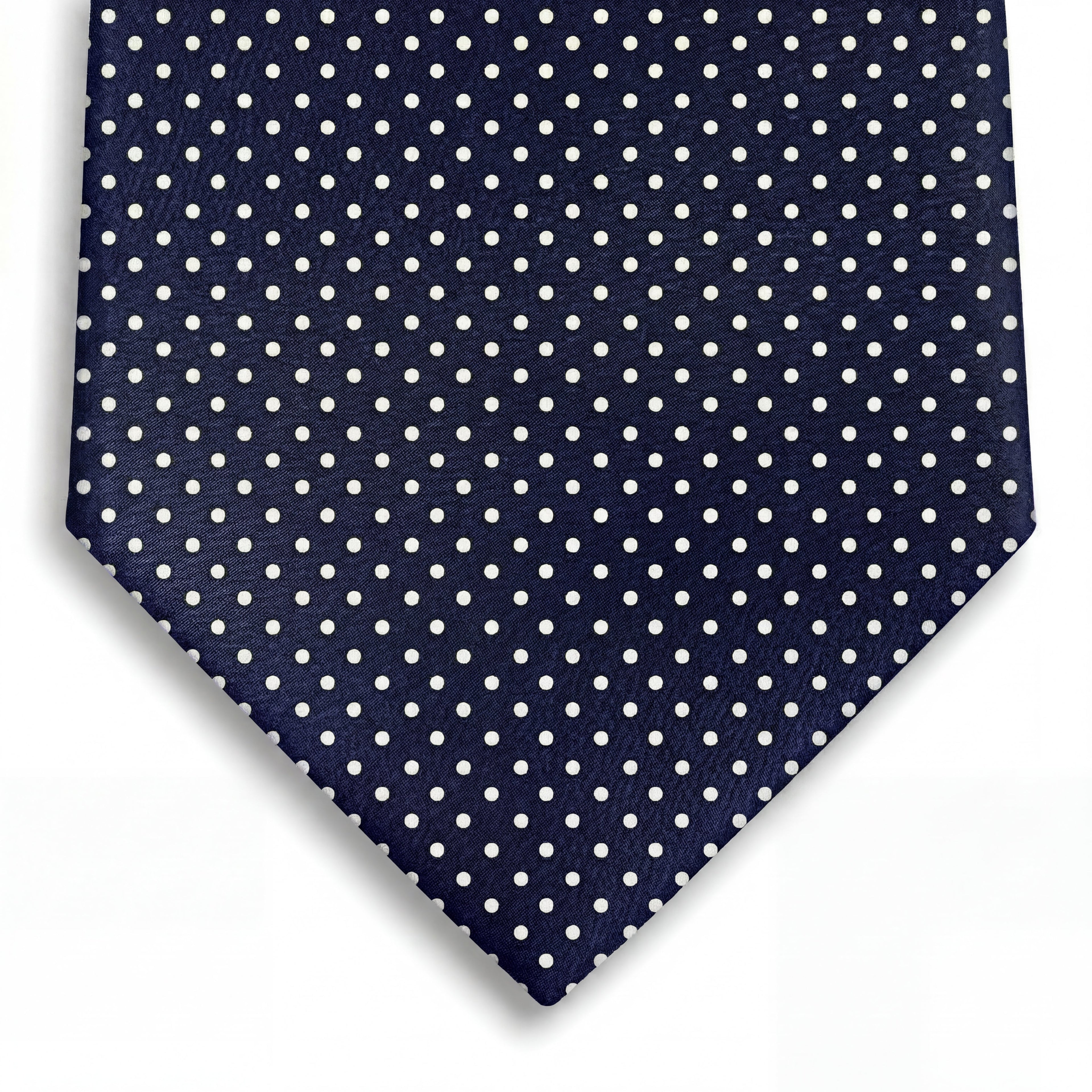 navy blue 3-fold jacquard silk tie with woven white polka dots, made in Como, Italy