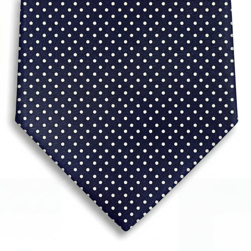 navy blue 3-fold jacquard silk tie with woven white polka dots, made in Como, Italy