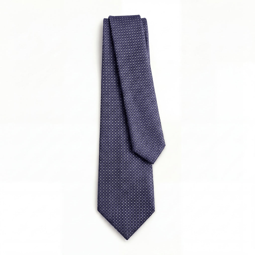 Dark Blue 3 Fold Jacquard Silk Tie - White Pin Dot - Lorenzi Como luxury silk tie