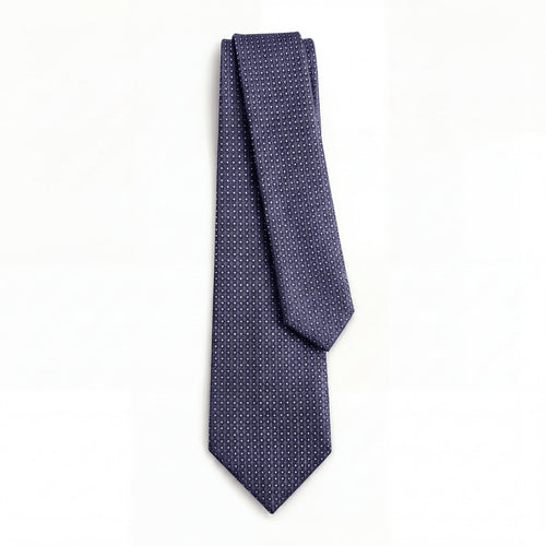 Dark Blue 3 Fold Jacquard Silk Tie - White Pin Dot - Lorenzi Como luxury silk tie