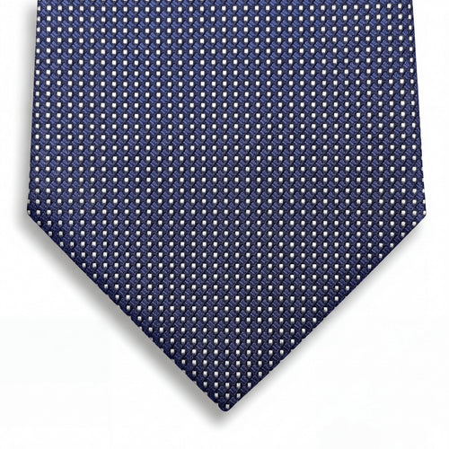 cravatta blu navy 3 pieghe in seta jacquard con pois, fatta a mano a Como da Lorenzi Como
