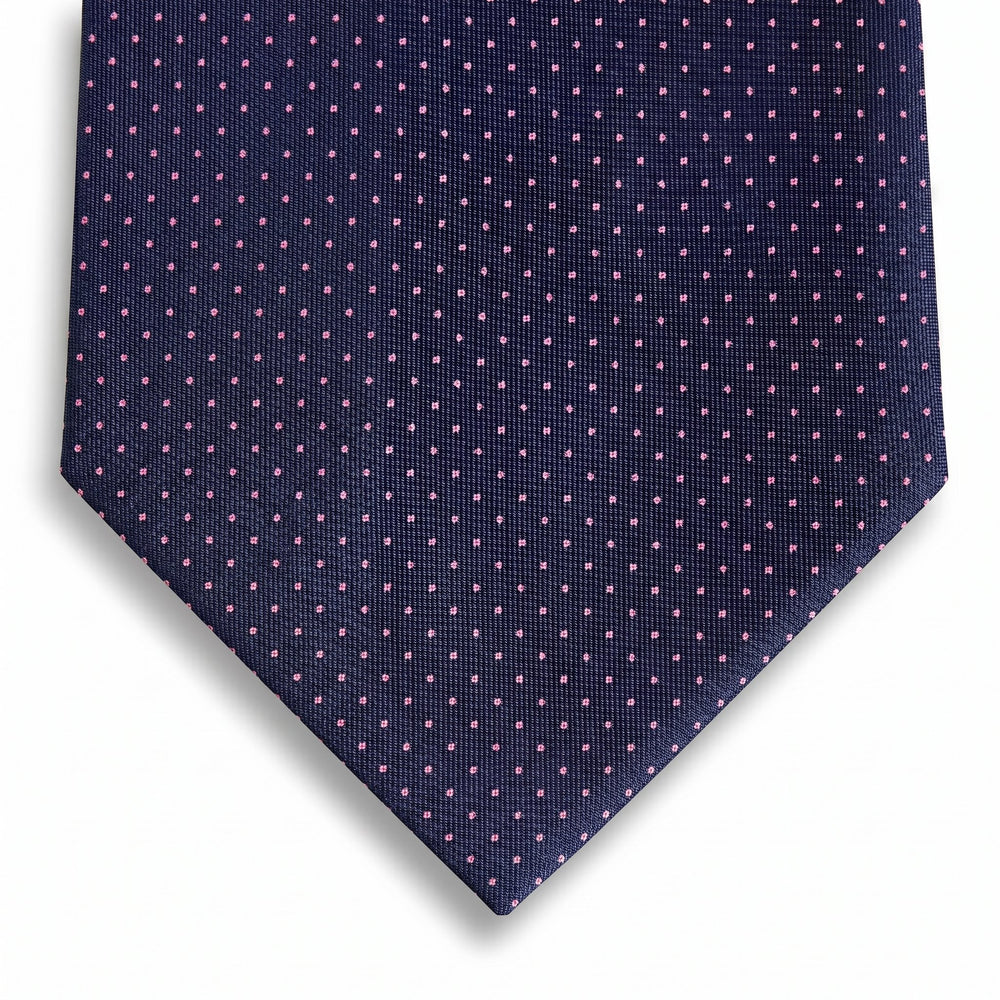 navy blue 3-fold sartorial silk tie with fuchsia polka dots, handmade in Como, Italy