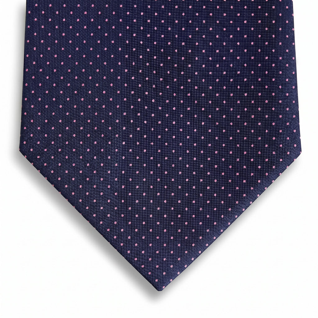 navy blue 3-fold sartorial silk tie with fuchsia polka dots, handmade in Como, Italy