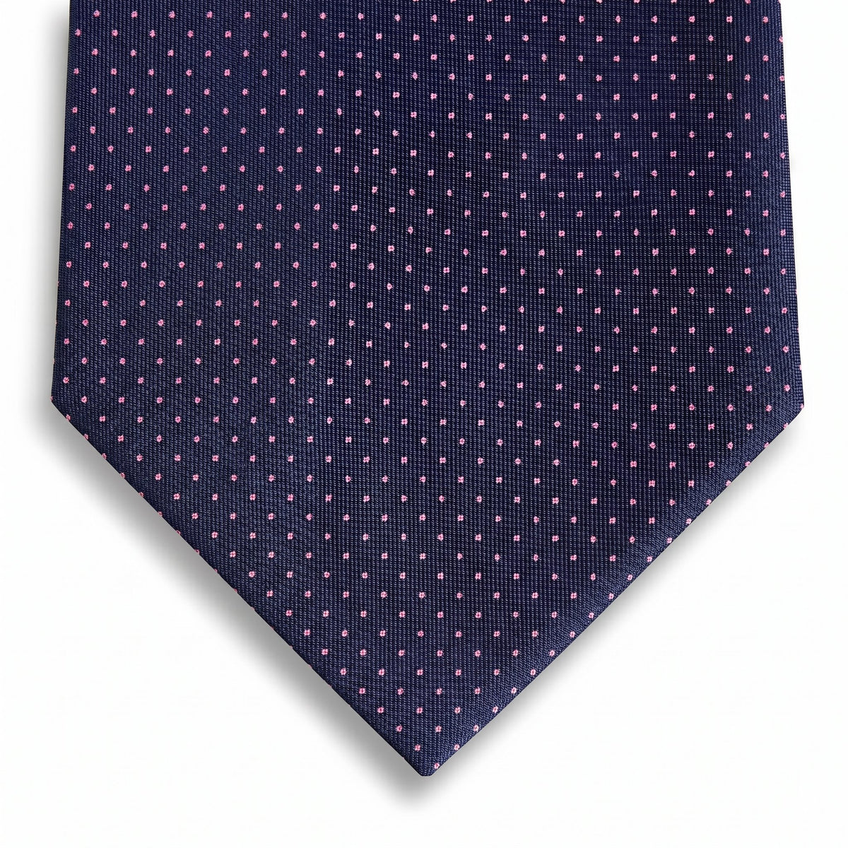 navy blue 3-fold sartorial silk tie with fuchsia polka dots, handmade in Como, Italy