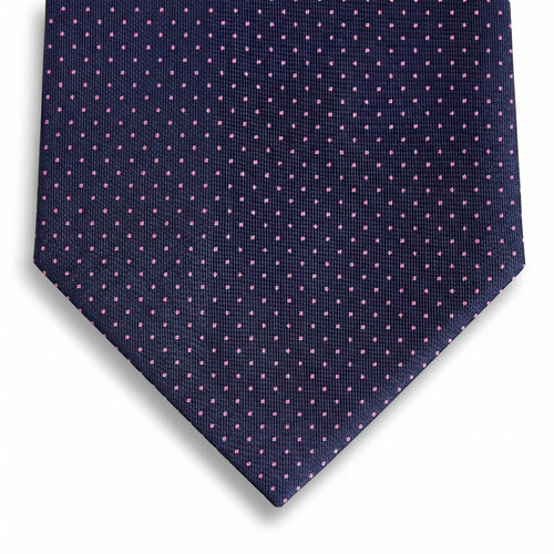 navy blue 3-fold sartorial silk tie with fuchsia polka dots, handmade in Como, Italy