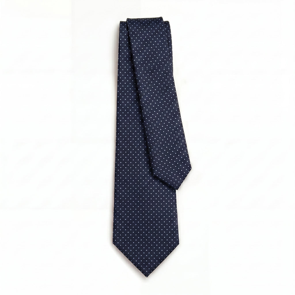 CRAVATTA BLU SCURO 3 PIEGHE SARTORIALE IN SETA - Pois azzurri - Lorenzi Como luxury silk tie